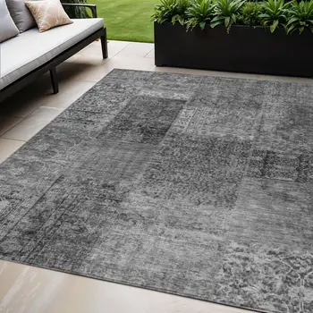 5' X 8' Gray Charcoal And Silver Patchwork Washable Indoor Outdoor Area Rug