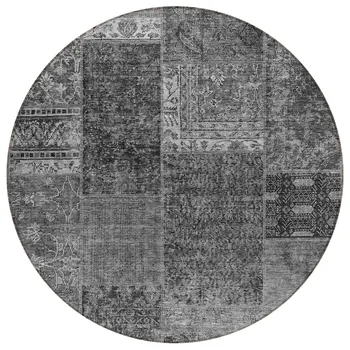 8' Gray Charcoal And Silver Round Patchwork Washable Indoor Outdoor Area Rug