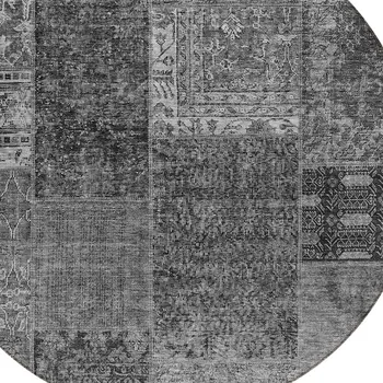 8' Gray Charcoal And Silver Round Patchwork Washable Indoor Outdoor Area Rug