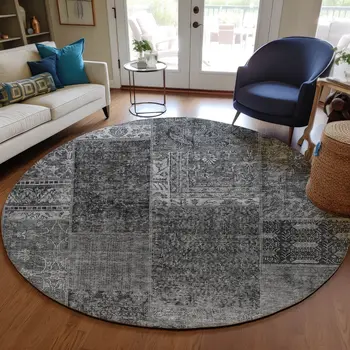 8' Gray Charcoal And Silver Round Patchwork Washable Indoor Outdoor Area Rug