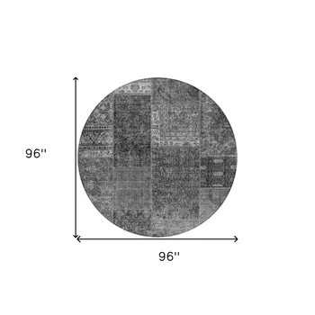 8' Gray Charcoal And Silver Round Patchwork Washable Indoor Outdoor Area Rug