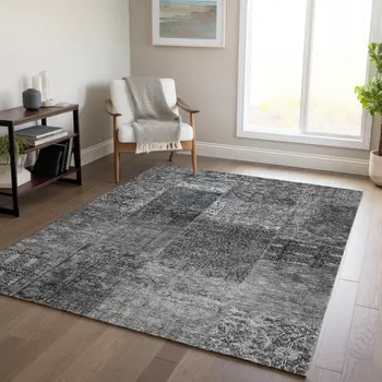 8' X 10' Gray Charcoal And Silver Patchwork Washable Indoor Outdoor Area Rug