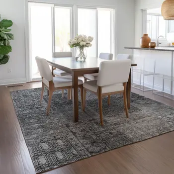 8' X 10' Gray Charcoal And Silver Patchwork Washable Indoor Outdoor Area Rug