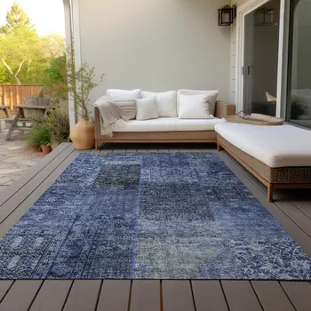 3' X 5' Navy Blue And Charcoal Patchwork Washable Indoor Outdoor Area Rug