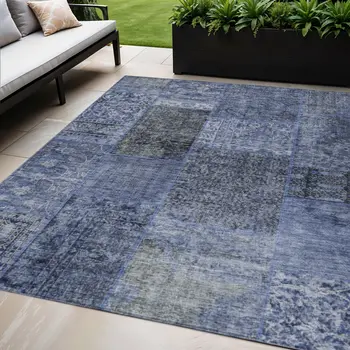 5' X 8' Navy Blue And Charcoal Patchwork Washable Indoor Outdoor Area Rug