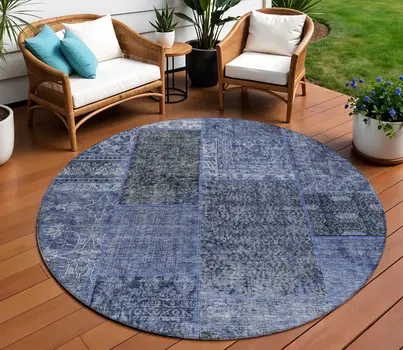8' Navy Blue And Charcoal Round Patchwork Washable Indoor Outdoor Area Rug