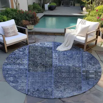 8' Navy Blue And Charcoal Round Patchwork Washable Indoor Outdoor Area Rug