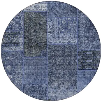 8' Navy Blue And Charcoal Round Patchwork Washable Indoor Outdoor Area Rug