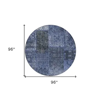 8' Navy Blue And Charcoal Round Patchwork Washable Indoor Outdoor Area Rug