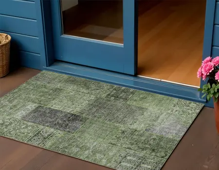 3' X 5' Olive Green And Gray Patchwork Washable Indoor Outdoor Area Rug