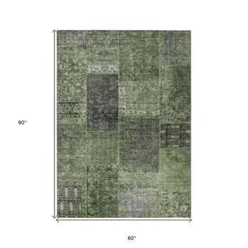 5' X 8' Olive Green And Gray Patchwork Washable Indoor Outdoor Area Rug