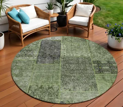8' Olive Green And Gray Round Patchwork Washable Indoor Outdoor Area Rug