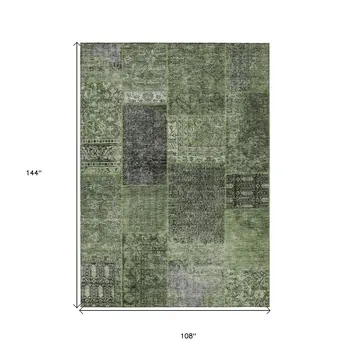 9' X 12' Olive Green And Gray Patchwork Washable Indoor Outdoor Area Rug