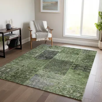 9' X 12' Olive Green And Gray Patchwork Washable Indoor Outdoor Area Rug