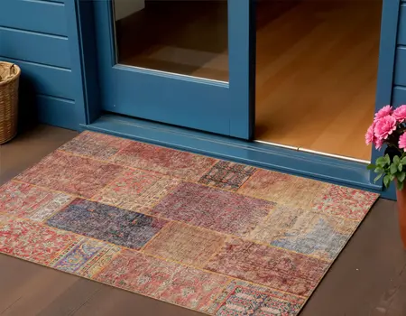 3' X 5' Red Orange And Blue Patchwork Washable Indoor Outdoor Area Rug