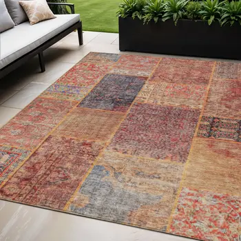 5' X 8' Red Orange And Blue Patchwork Washable Indoor Outdoor Area Rug