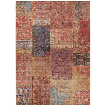 5' X 8' Red Orange And Blue Patchwork Washable Indoor Outdoor Area Rug