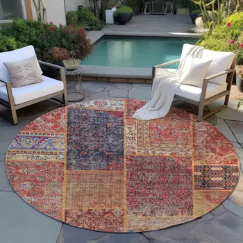 8' Red Orange And Blue Round Patchwork Washable Indoor Outdoor Area Rug