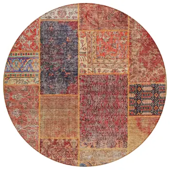 8' Red Orange And Blue Round Patchwork Washable Indoor Outdoor Area Rug