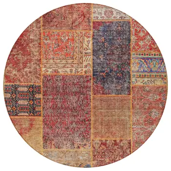 8' Red Orange And Blue Round Patchwork Washable Indoor Outdoor Area Rug