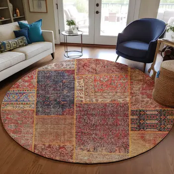 8' Red Orange And Blue Round Patchwork Washable Indoor Outdoor Area Rug