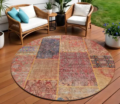 8' Red Orange And Blue Round Patchwork Washable Indoor Outdoor Area Rug