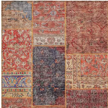 9' X 12' Red Orange And Blue Patchwork Washable Indoor Outdoor Area Rug