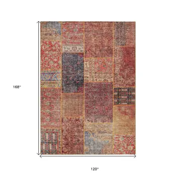 10' X 14' Red Orange And Blue Patchwork Washable Indoor Outdoor Area Rug