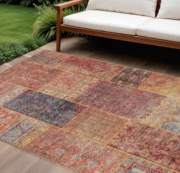 10' X 14' Red Orange And Blue Patchwork Washable Indoor Outdoor Area Rug