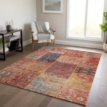 10' X 14' Red Orange And Blue Patchwork Washable Indoor Outdoor Area Rug