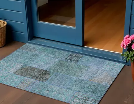 3' X 5' Teal Blue Aqua And Gray Patchwork Washable Indoor Outdoor Area Rug