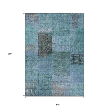 5' X 8' Teal Blue Aqua And Gray Patchwork Washable Indoor Outdoor Area Rug