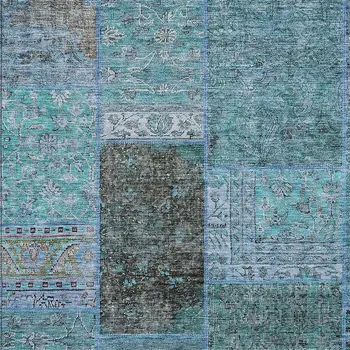 5' X 8' Teal Blue Aqua And Gray Patchwork Washable Indoor Outdoor Area Rug