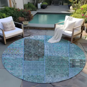 8' Teal Blue Aqua And Gray Round Patchwork Washable Indoor Outdoor Area Rug