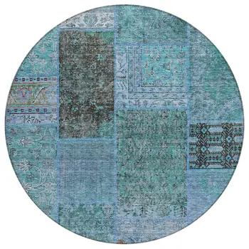 8' Teal Blue Aqua And Gray Round Patchwork Washable Indoor Outdoor Area Rug