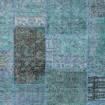 8' X 10' Teal Blue Aqua And Gray Patchwork Washable Indoor Outdoor Area Rug