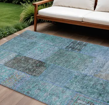 9' X 12' Teal Blue Aqua And Gray Patchwork Washable Indoor Outdoor Area Rug