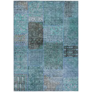 10' X 14' Teal Blue Aqua And Gray Patchwork Washable Indoor Outdoor Area Rug