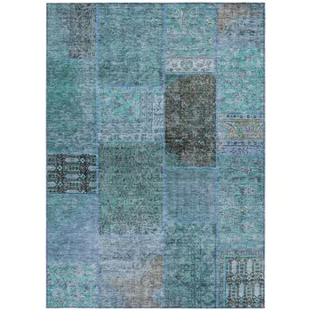 10' X 14' Teal Blue Aqua And Gray Patchwork Washable Indoor Outdoor Area Rug