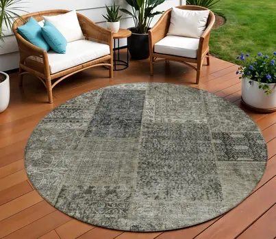 8' Taupe Brown And Charcoal Round Patchwork Washable Indoor Outdoor Area Rug