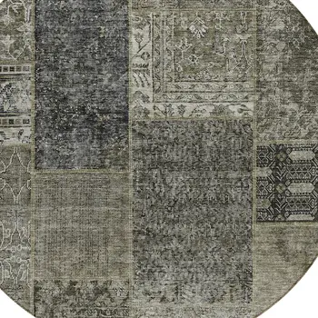 8' Taupe Brown And Charcoal Round Patchwork Washable Indoor Outdoor Area Rug