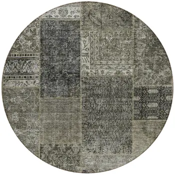 8' Taupe Brown And Charcoal Round Patchwork Washable Indoor Outdoor Area Rug