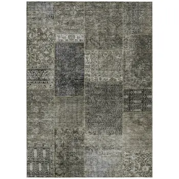 9' X 12' Taupe Brown And Charcoal Patchwork Washable Indoor Outdoor Area Rug