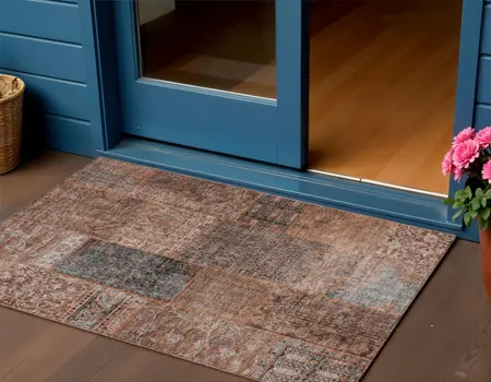 3' X 5' Terra Cotta Copper And Charcoal Patchwork Washable Indoor Outdoor Area Rug