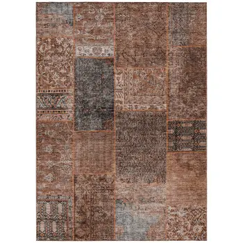 9' X 12' Terra Cotta Copper And Charcoal Patchwork Washable Indoor Outdoor Area Rug