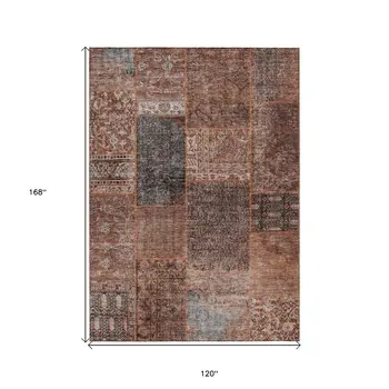 10' X 14' Terra Cotta Copper And Charcoal Patchwork Washable Indoor Outdoor Area Rug