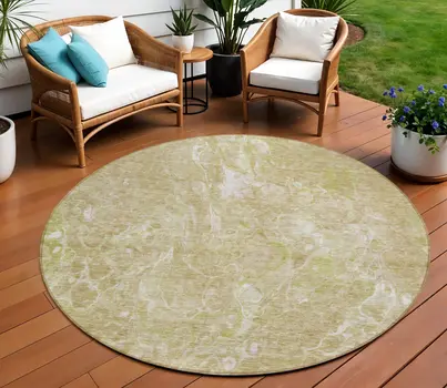 8' Beige Ivory And Artichoke Green Round Abstract Washable Indoor Outdoor Area Rug