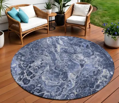 8' Navy Blue And Gray Round Abstract Washable Indoor Outdoor Area Rug