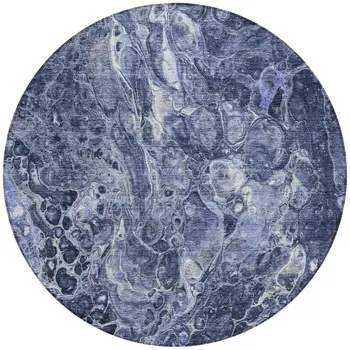 8' Navy Blue And Gray Round Abstract Washable Indoor Outdoor Area Rug