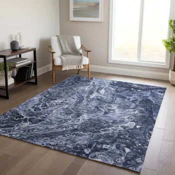 9' X 12' Navy Blue And Gray Abstract Washable Indoor Outdoor Area Rug